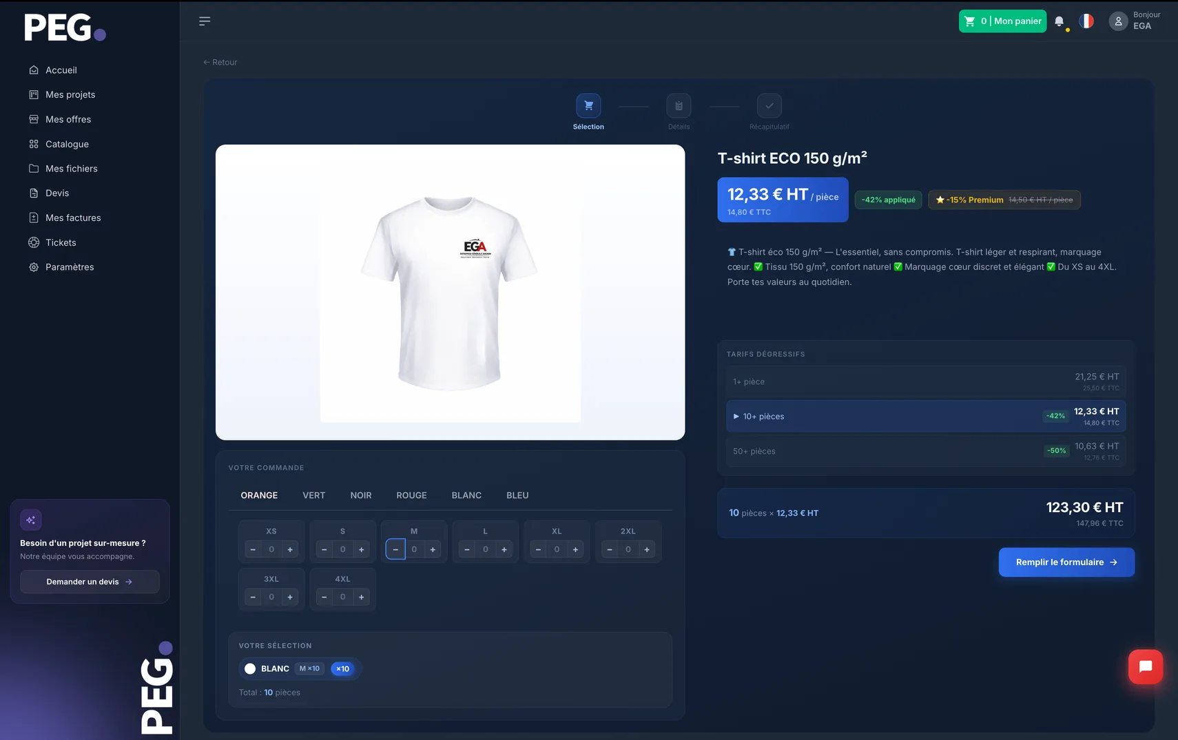 Configuration d’une commande de t-shirts dans MyPEG : couleurs, tailles, tarifs dégressifs